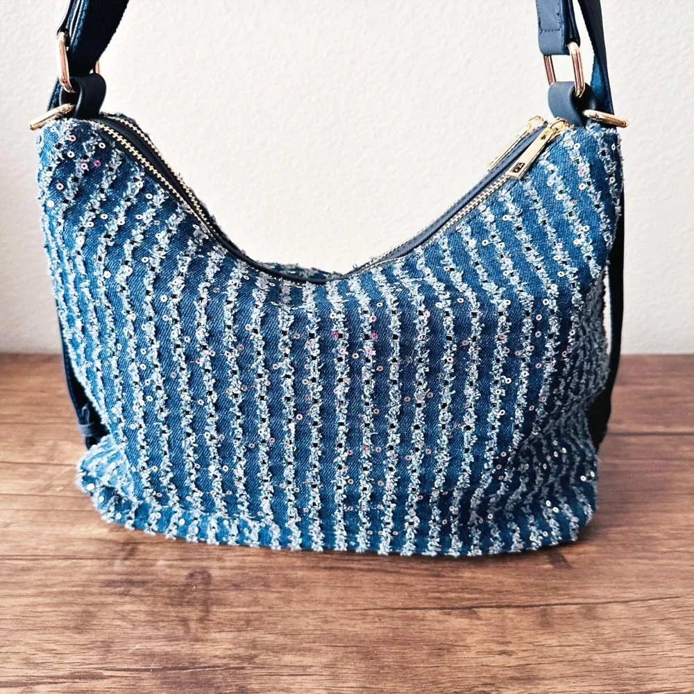 Mellow World Sequin Striped Blue Denim Double Zip Pocket Hobo Shoulder Bag